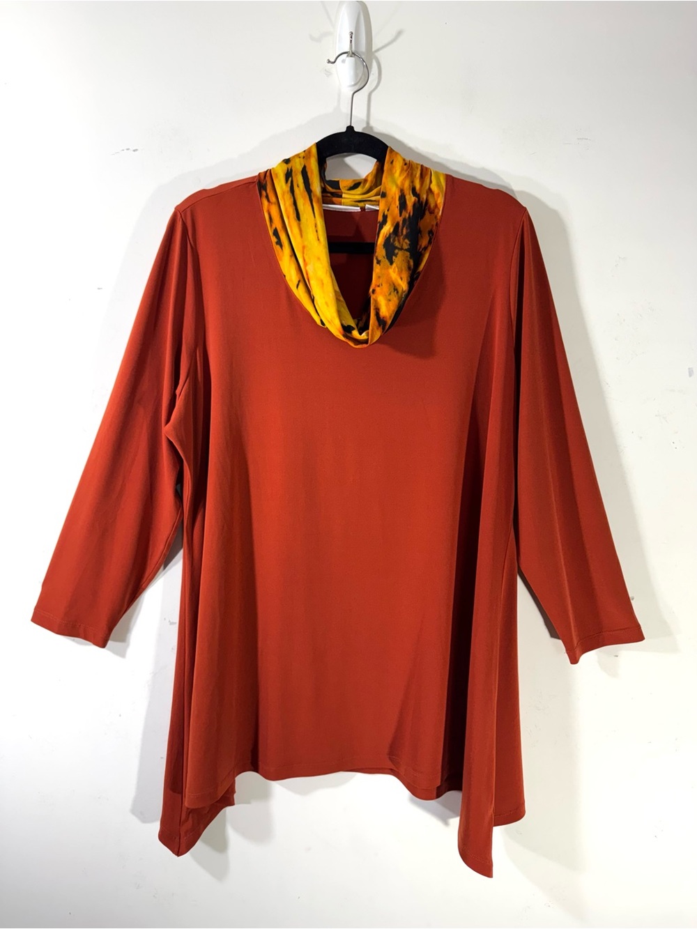 Susan Graver Rust Liquid Knit tunic animal print cowl neck 1X
